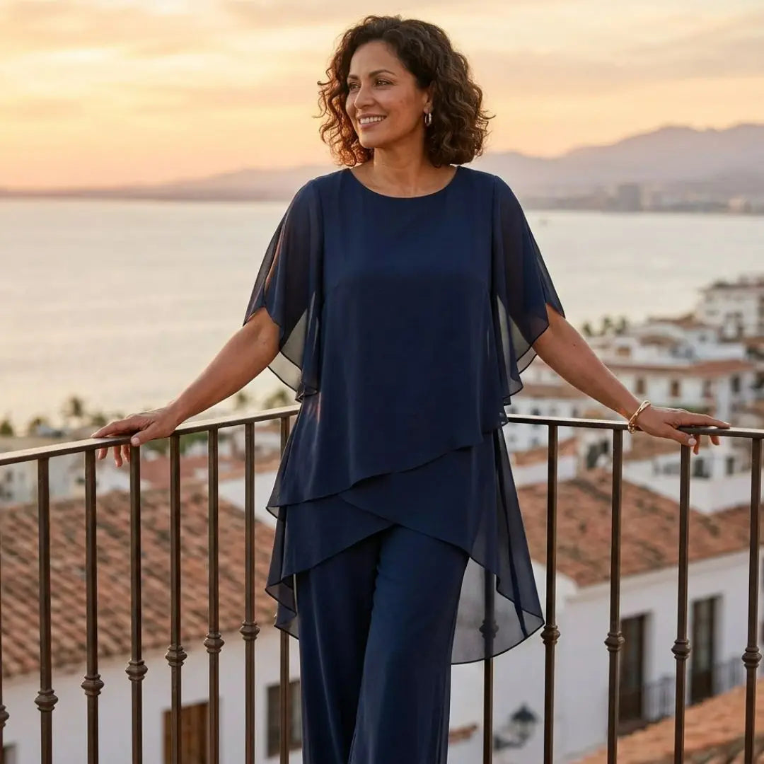 Elara - Relaxed Two Piece Set Layered Top Wide Leg Pants