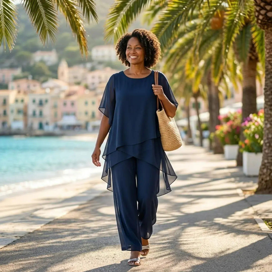 Elara - Relaxed Two Piece Set Layered Top Wide Leg Pants